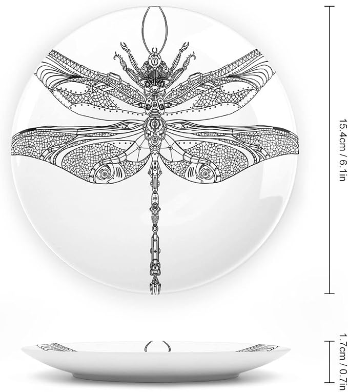 Decorative Plates, Abstract Print Ornament, Animal Steampunk Dragonfly Pattern, 7 Inch, 1 Plate with 1 Display Stand, Black White