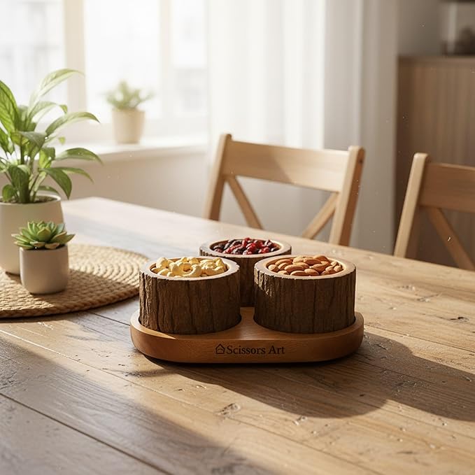Wooden Snack Bowl Set with Tray – Mango Wood Dry Fruit & Nut Serving Bowls, Rotating Tree Bark Design, Rustic Wooden Candy Bowl Set for Home, Party & Gifting (3 Pieces with Tray)
