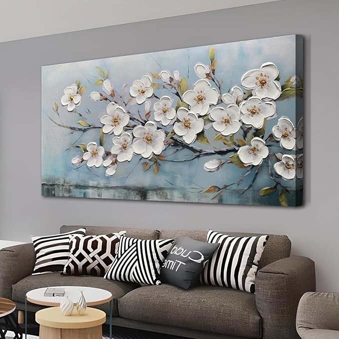 Anolyfi White Textured Flowers Wall Art for Living Room Canvas Wall Decor, Modern Elegant Landscape Wall Art for Dining Room Hallway Office Home 48"x24"