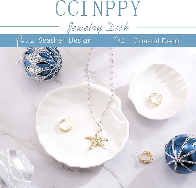 Shell Ring Dish Tray, Ceramic Jewelry Tray Trinket Dish, Seashell Key Holder Bowl, Beach Room Coastal Decor Aesthetic, Ocean Bathroom Counter Decor, White, Large