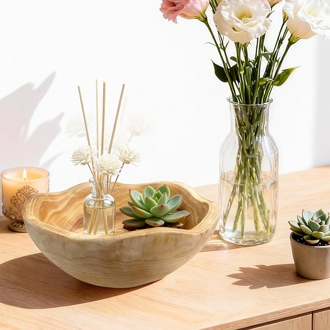 Handmade Wooden Decorative Fruit Bowl 8-10in - Irregular Wood Bowl for Kitchen Counter,Wooden Serving Bowl for Salads Snacks Keys and Home Decor (8-10in/20-24cm)