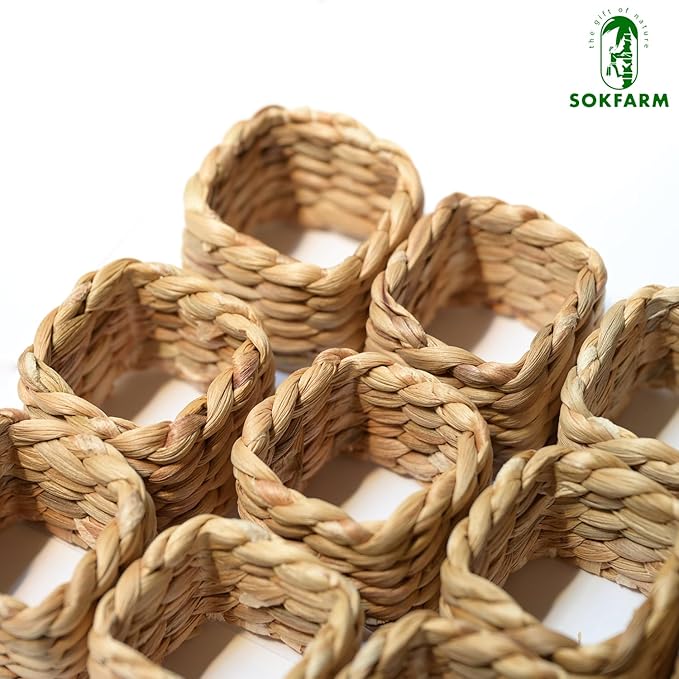 12 Pcs Square Woven Napkin Rings, Water Hyacinth Easter Napkin Rings Set Of 12, Anillos Para Servilletas De Tela, Boho Napkins Holder For Elegant Table Decoration, Christmas Table Decor, Wedding Decor
