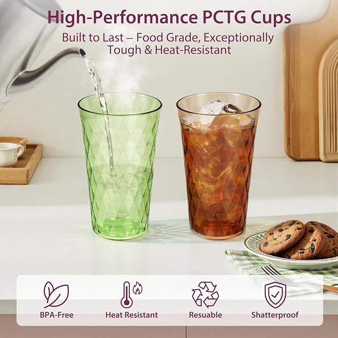 Freshmage 20 oz Unbreakable Drinking Glasses (Set of 8), Jewel Tone Colored Reusable Tumblers, BPA Free Plastic Drinking Cups for Home, Outdoor, Picnic, Pool, Stackable, Dishwasher & Microwave Safe