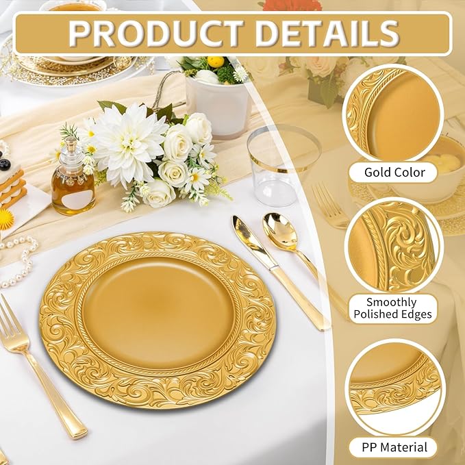 PROY 100 Pcs Antique Gold Charger Plates Bulk, 13in Plastic Embossed Dinner Gold Chargers, Round Phoenix Pattern Elegant Floral Charger Plates for Dinner Wedding Party Event Table Setting Decoration