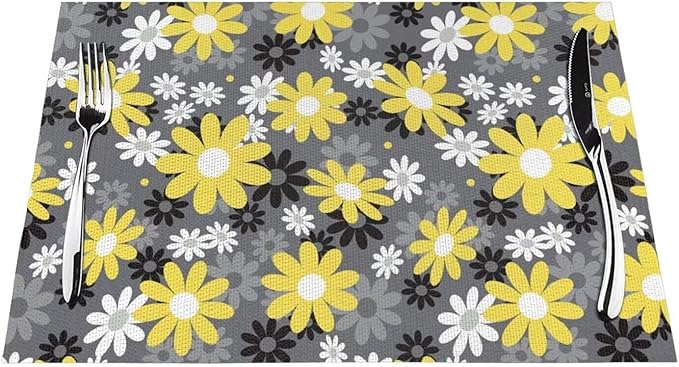 Placemats Set of 6 Vintage Daisy Place Mats Abstract White Yellow Floral Woven Table Mats Washable Black Grey PVC Placemat for Dining Kitchen Decor Indoor Outdoor, 12 x 18 Inch