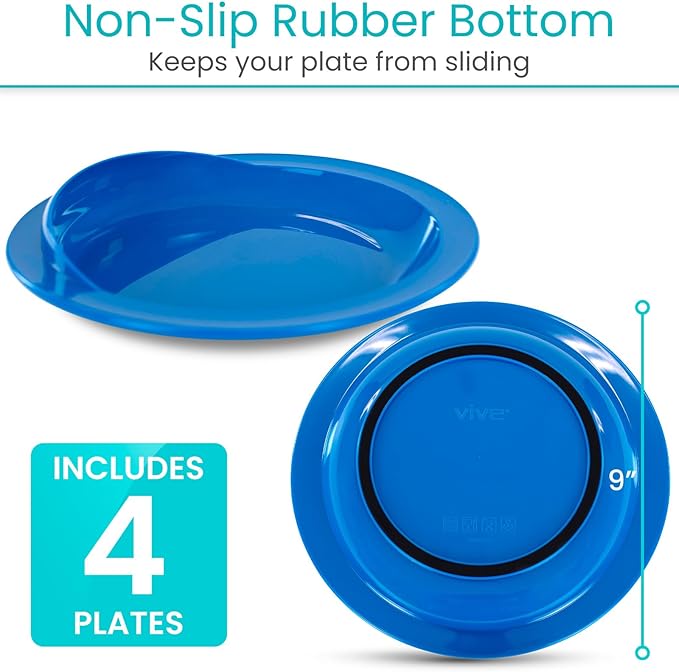 Vive Spill-Proof Scoop Plate, 9" (4 Pack) - Dish with Wall for Disabled, Handicapped, Elderly Adults with Special Needs from Parkinsons, Dementia, Stroke, Tremors with - Non Skid Padded Bottom