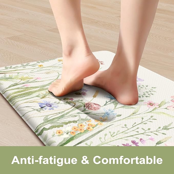 KIMODE Anti Fatigue Kitchen Mats for Floor, Farmhouse Floral Kitchen Rugs Set of 2, 17"x59"+17"x29" Kitchen Floor Mats Non-Slip, Cushioned Standing Mat for Sink, Laundry, Desk, Home White