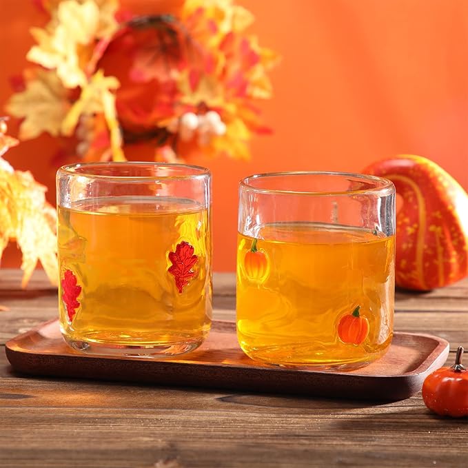 Icon Juice Glasses, 14oz Stemless Wine Drinking Juice Glass Cup for Valentine Party Supplies Gift(2 Pcs,Maple Leaf & Pumpkin)