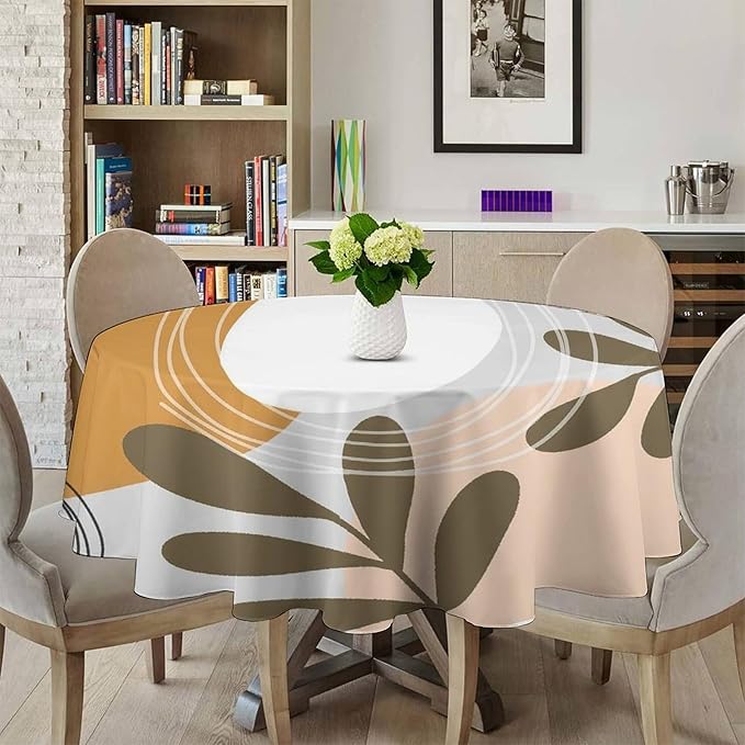 Boho Mid Century Round Tablecloth, Bohemian Abstract Modern Leaves Tablecloth for Home Party Dining Room Kitchen Decor 70Inch(178cm)