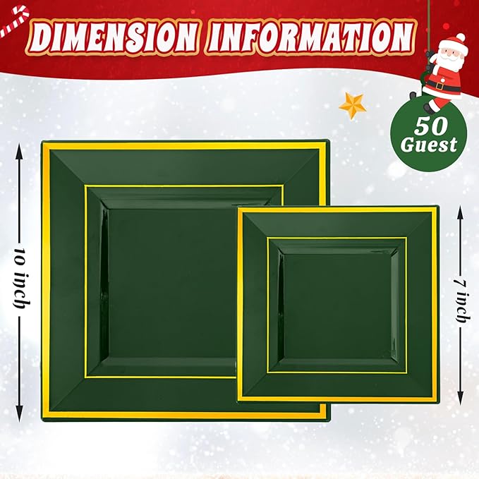 Liacere 100PCS Green and Gold Square Plastic Plates-50PCS Heavy Duty 9.5inch Disposable Dinner Plates and 50PCS 6inch Green Dessert Plate - Gold Plastic Plate for Party&Wedding&Christmas