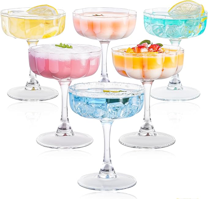 Vintage Art Deco Coupe Glasses, Set of 6 Flower Wave Coupe Cocktail Glasses, 6.5oz Classic Martini Glasses, Hand Blown Manhattan Goblet for Bar, Martini, Cosmopolitan, Gimlet, Pisco Sour