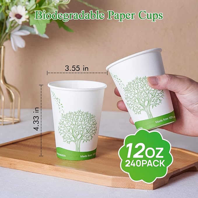 ECOLipak 240 Count 12 oz Compostable Paper Cups, Biodegradable Disposable Paper Coffee Cups with PLA Lined, Eco-friendly Hot Drinking Cups for Party, Picnic,Travel,and Events