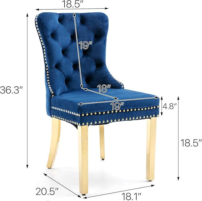 KCC Velvet Dining Chairs Set of 2, Upholstered High-end Tufted Dining Chair with Nailhead Back Ring Pull Trim Stainless Steel Legs, Contemporary Nikki Collection Modern Style for Kitchen, Blue
