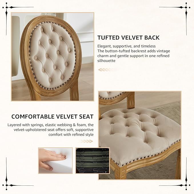 Vintage French Dining Chairs Set of 4, Round Back Velvet Upholstered Accent Chairs with Nailhead Trim and Solid Wood Frame, Elegant Sillas de Comedor for Dining Room & Kitchen, Beige