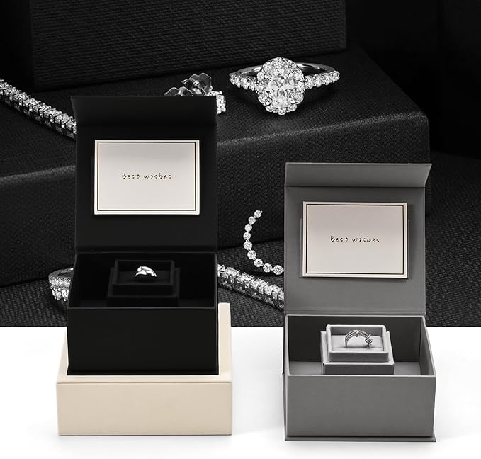 Oirlv Ring Gift Box with Lid Magnetic Gray Boxes for Wedding Proposal Gift Birthday Present with Card(Gray)