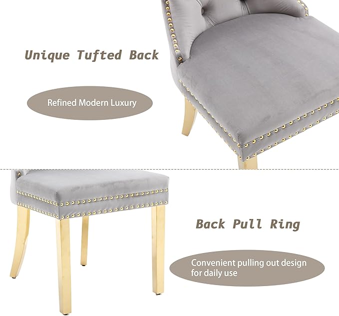 KCC Velvet Dining Chairs Set of 4, Upholstered High-end Tufted Dining Chair with Nailhead Back Ring Pull Trim Stainless Steel Legs, Contemporary Nikki Collection Modern Style for Kitchen, Light Gray