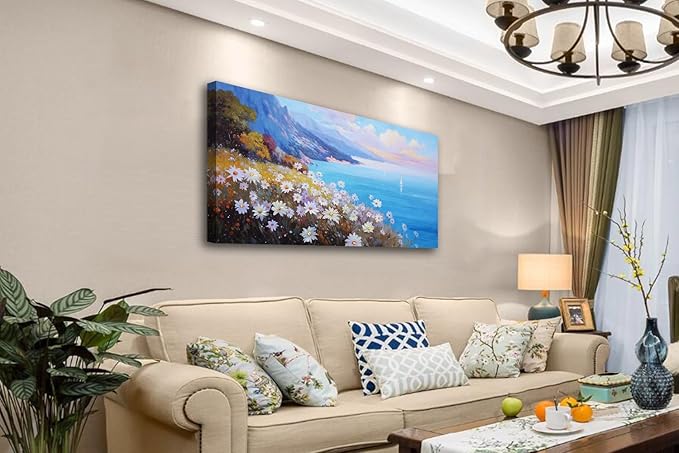 Anolyfi Coastal Landscape Wall Art Nature Flower Mountain Canvas Painting Blue Ocean Seascape Picture, Textured Artwork Large Framed for Living Room Bedroom Bathroom Kitchen Office Home Decor 40"x20"