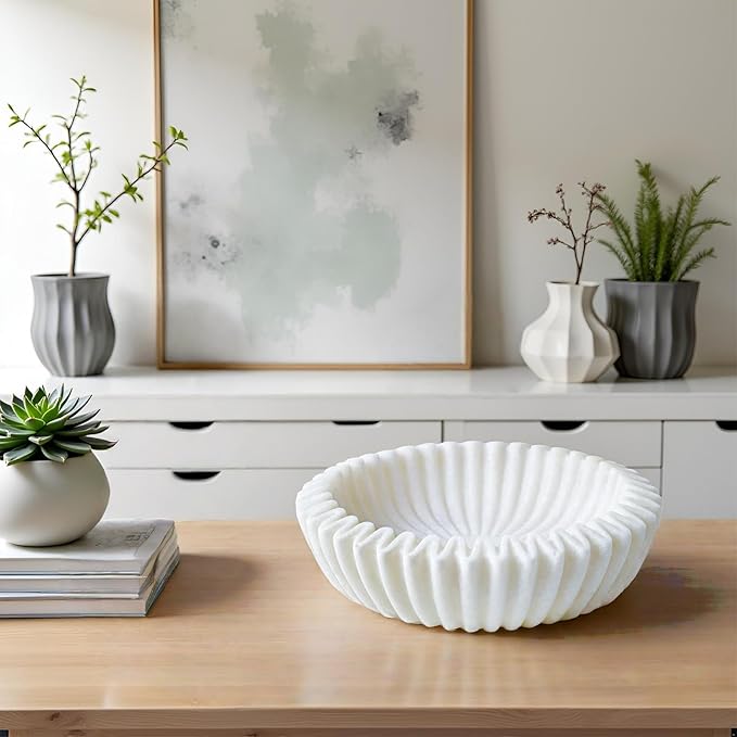 Braxio Decorative Bowl Modern Home Decor – White Ruffle Bowl Decorative Catchall for Entryway Dining Table Living Room Centerpiece Key Holder Fruit Bowl 9 x 9 x 2.6 Inch Art Deco Style
