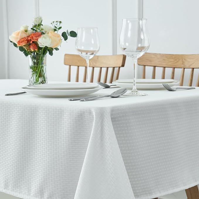 maxmill Rectangle Tablecloth Weaved Pattern Waterproof Spillproof Wrinkle Free Table Cloth, Kitchen Dining Tabletop Decoration, Fabric Table Cover for Holiday Parties, 52 x 70 Inch, White