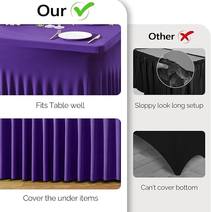 Wish Care 6 Pack Dark Purple Spandex Table Clothes for 8 Foot Rectangle Tables, 8FT Wrinkle Free Fitted Tablecloths Ruffles Design Table Cover for Party, Banquet, Wedding and Events