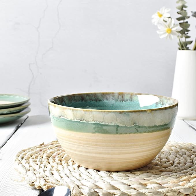 Bosmarlin Ceramic Soup Bowl Set of 4, 26 Oz, 6 Inch Stoneware Cereal Bowl for Oatmeal, Salad, Dishwasher and Microwave Safe, Reactive Glaze (Green, 6 in)