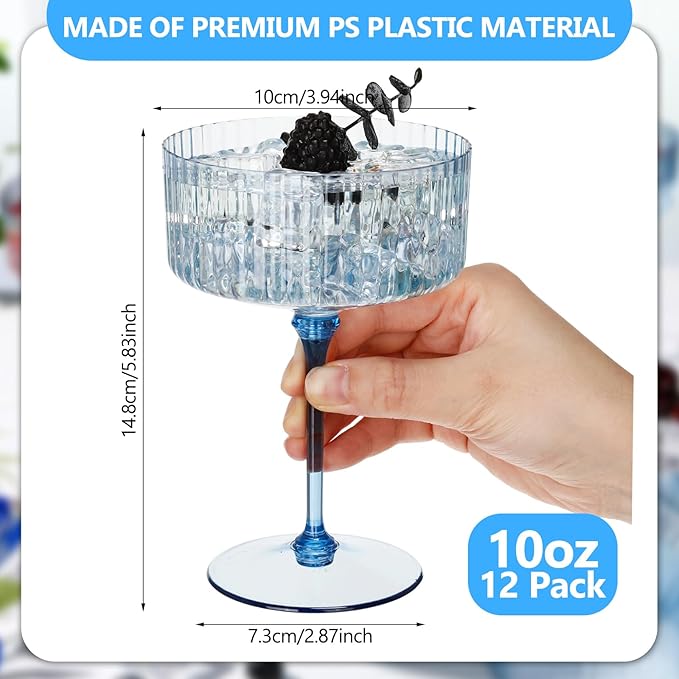 12 Pcs Ribbed Martini Glasses 10 oz Disposable Plastic Vintage Ribbed Coupe Glasses Unbreakable Dessert Parfait Glassware for Wedding Birthday Party Supplies (Blue)