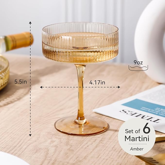 Amber martini glasses Vintage Art Deco Amber Coupe Glasses Set of 6 Ribbed Martini Cocktail Glasses 9 oz|Vintage Cocktail Glasses Set,Unique Pink Coupe Glass, Classic Cocktail Galssware