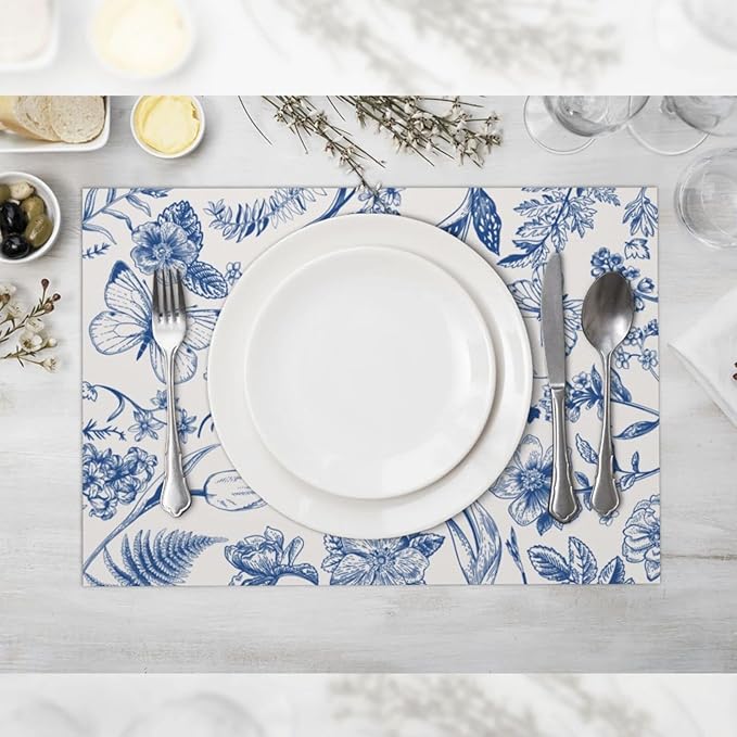 Vintage Flower Butterfly Placemats Set of 4 Washable Table Place Mats for Dining Kitchen Party Decor