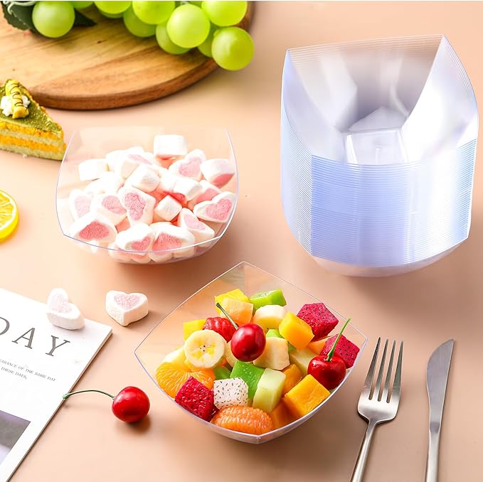 Tanlade 50 Pcs Square Plastic Serving Bowls Disposable Snack Salad Bowl Small Party Candy Bar Containers Taco Bar Serving Dishes for Buffet Chips Fruit (12 oz,Clear)