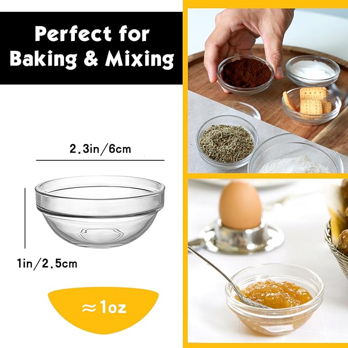 Etolies 20 pack Mini Glass Prep Pinch Bowls,3.5 Inch(4oz) Clear Small Glass Bowls Set of 12 pack and 2.3 Inch(1oz) 8 pack, Serving Bowls Stackable for Kitchen Prep, Dips,Cooking Toppings,Condiments.
