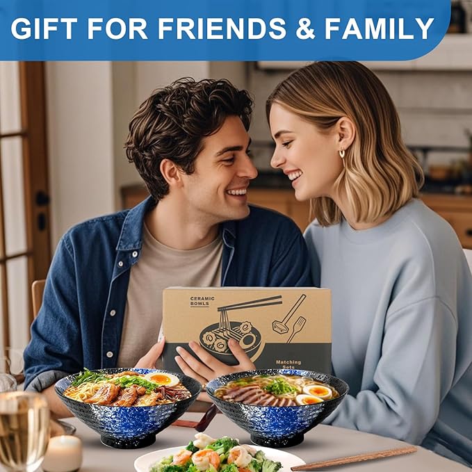 8-Inch Ceramic Ramen Bowl Set of 2 (9 Piece) - Porcelain Japanese Salad Noodles Cereal Fruit Pasta Soup Large Bowls with Recipes Chopsticks Forks Spoons for Men Women Gift Microwave & Dishwasher Safe