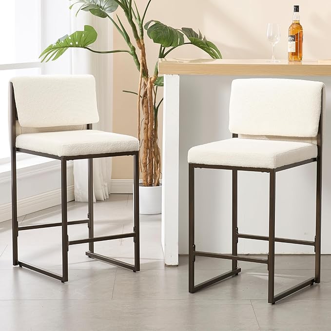 Modern Barstools Set of 2, 26” Upholstered Counter Height Bar Stools Sherpa Fabric Counter Stools with Padded Back Metal Frame for Kitchen Island Dining Room, White