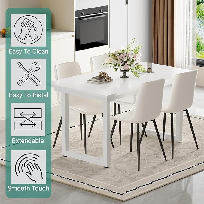 Extendable Dining Table Set for 4, 55"–71" Modern White Kitchen Table with 4 Upholstered Chairs, Space-Saving for Living Room Apartment, Sturdy & Comfortable, Easy Assembly