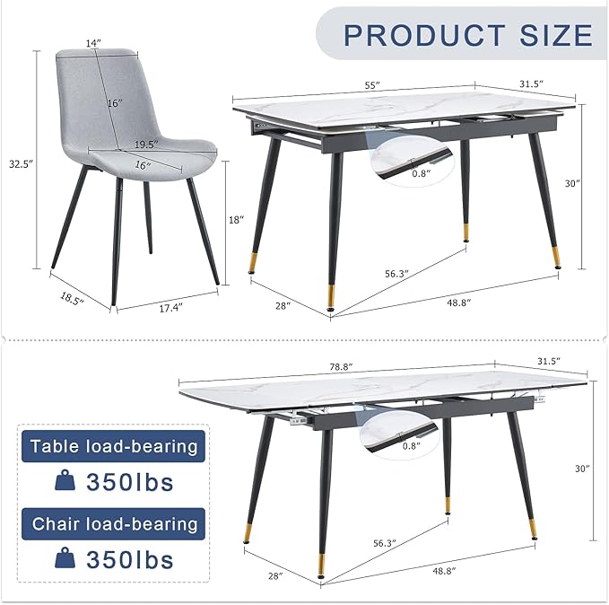Extendable Dining Table Set for 6, 55'' to 78.8'' Rectangular Thickened Sintered Stone Kitchen Table with 6 Upholstered Chairs, Modern Space Saving 7-Piece Dinner Table Set