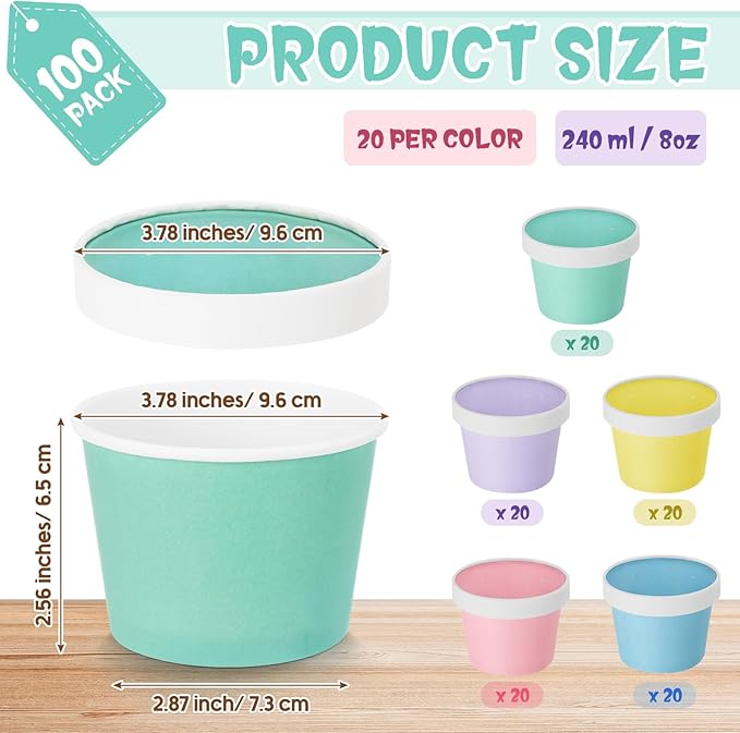 Fulmoon 100 Pack Paper Soup Containers with Lids Disposable Paper Food Containers with Vented Lid Kraft Ice Cream Cake Dessert Cups Soup Bowl for Party Hot Food Fruit Microwave(8 oz,Multi Colors)