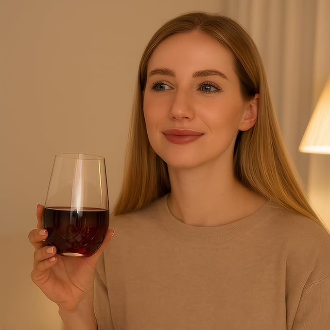 SHOSHIN - Hand Cut Stemless Wine Glass Set of 4, Large 18 oz Crystal Glass, Wine Tumblers for Red and White Wine, Water Glasses, Drinking Glasses