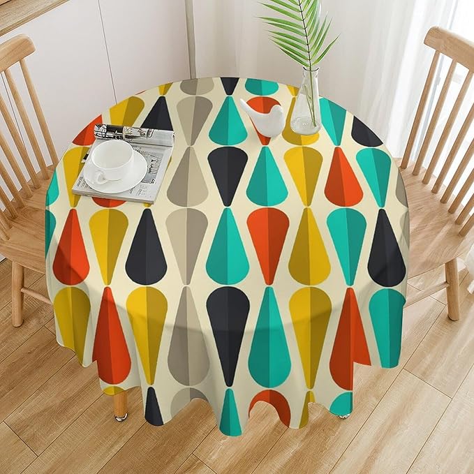 Vintage Bohemian Mid Century Round Tablecloth, Retro 50s 60s Geometric Pattern Print Tablecloth for Home Party Dining Room Kitchen Decor 70Inch(178cm)