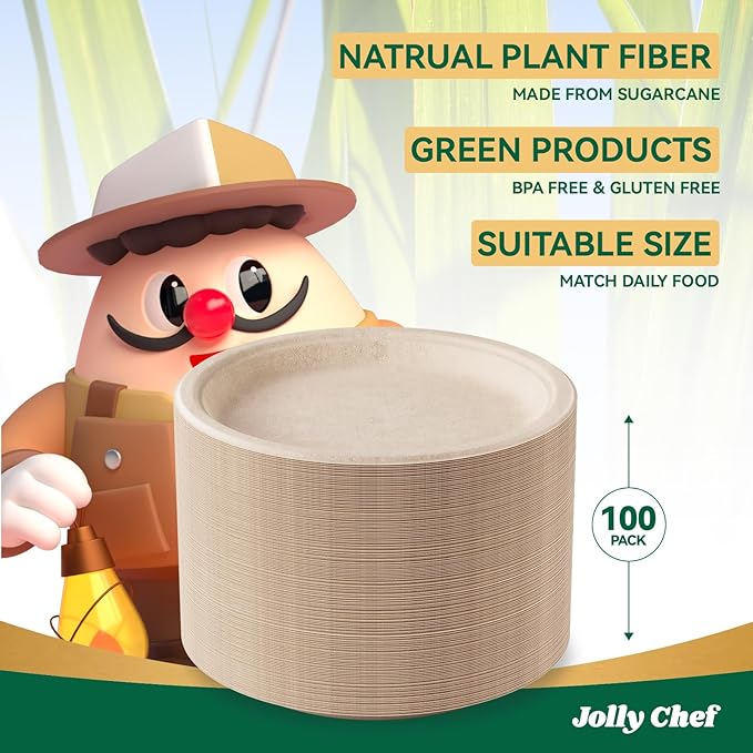 JOLLY CHEF Compostable Heavy Duty Plates 𝟭𝟬 𝗜𝗻𝗰𝗵 [𝟭𝟬𝟬 𝗣𝗮𝗰𝗸] Eco-Friendly Disposable Natural Paper Plate Bagasse Biodegradable Food Trays for Party Dinner Hot Cold Food Christmas (Brown)