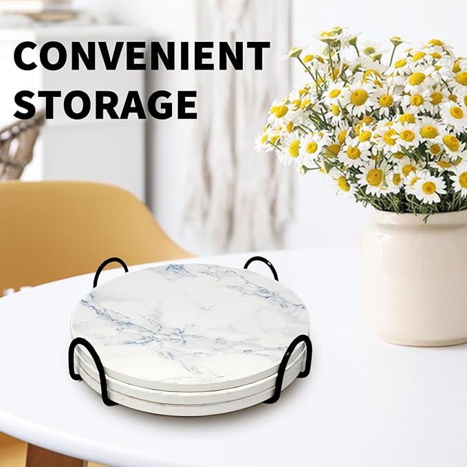 8 Inch Trivets for Hot Dishes, Pots and Pans, Marble Style Ceramic Trivet with Holder, Heat Resistant Hot Plate Mats for Countertops, Table, Home Essentials, Farmhouse Decor, Set of 3