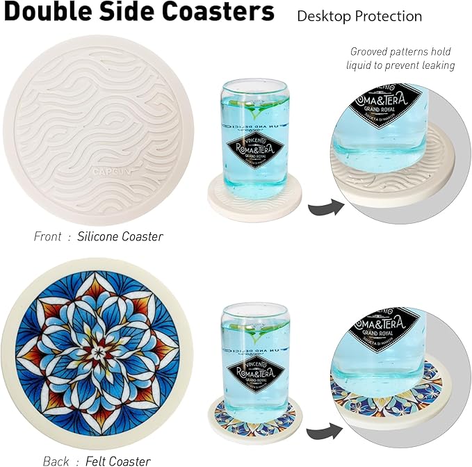Mandala Non-Slip Silicone Coasters, 4-Pack Double-Sided Absorbent Cup Mats for Hot & Cold Drinks, Scratch & Water Ring Protection for Wood Tables, Home Office Bar Use (6PC Wanda La)