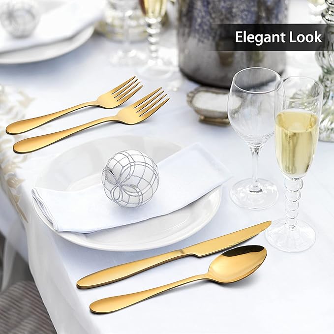 LIANYU 40-Piece Gold Silverware Set for 8, Stainless Steel Flatware Cutlery Set, Tableware Eating Utensils Include Forks Knives Spoons, Mirror Polished, Dishwasher Safe