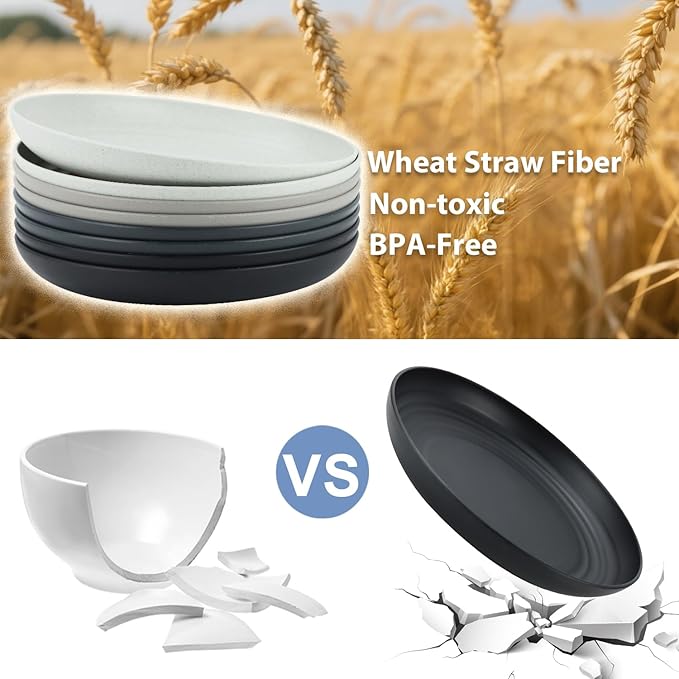 Wheat Straw Plates 9 Inch, Unbreakable Plastic Plates Reusable, Dinner Plates Set of 8, Lightweight Kitchen Plate, Dishwasher & Microwave Safe Plate for Outdoor, Camping, Picnic(Black, Grey)