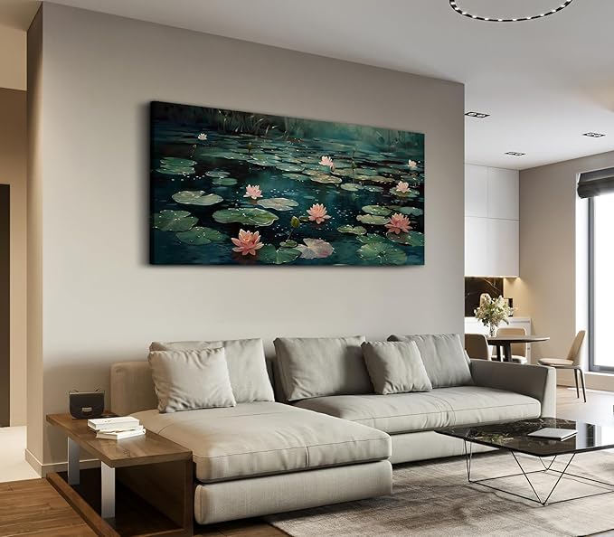 ADJUVANT Wall Art Impressionist Water Lily Pond 60" L x 30" W, Pink Lotus Flowers on Dark Blue Water Canvas Painting Nature Artwork Prints Wall Decor for Living Room Bedroom Bathroom Home Office