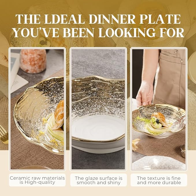 Salad Bowls of 4-8.5 Inch pasta bowl set，Decorative Ceramic Serving Bowl for Kitchen Counter, Versatile Dinnerware for Restaurant Plating & Home Dining(White with Golden)