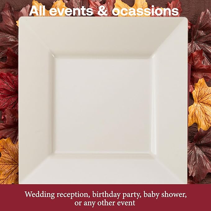 Smarty Had A Party 120 Disposable Plastic Dinnerware, 9.5" Fancy Square Ivory Plates for Parties and Events, Heavy Duty Supplies for All Occasions