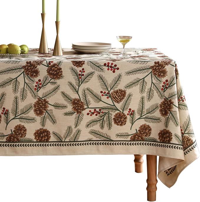 ISAENNE Designer Christmas Beige Linen Square Tablecloth,Pinecones Pattern Indoor Tablecloths,Wrinkle Resistant Decor Table Cloth for Dining Thanksgiving Kitchen Christmas,67"*67"-Carol B
