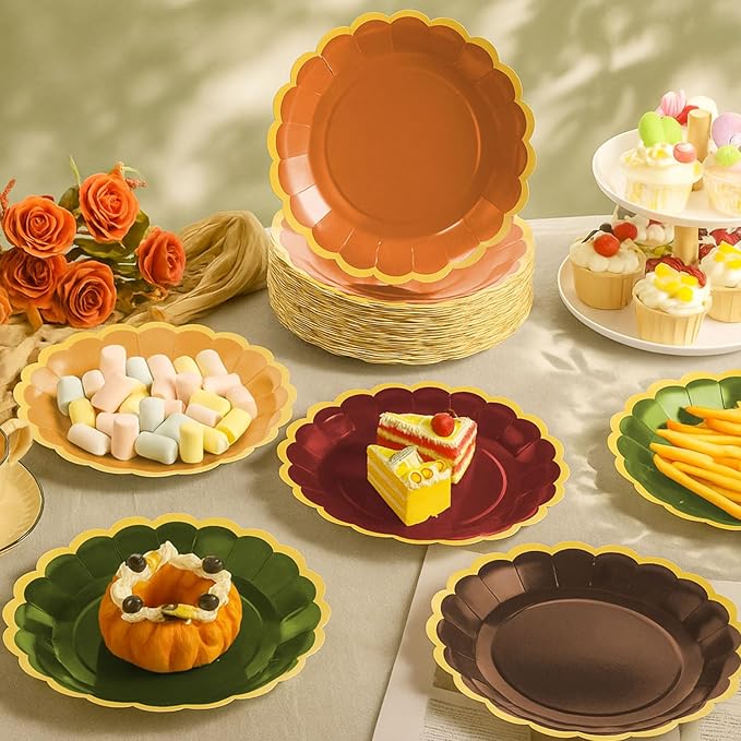 96 Pcs Fall Paper Plates 9 Inch Gradient Scalloped Paper Plates Disposable Dinner Dessert for Birthday Wedding Bridal Party Supplies, 6 Colors