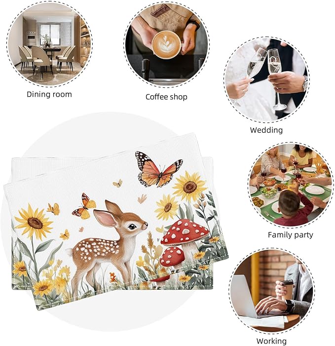 Cute Deer Placemats Set of 4, Sunflower Butterfly Place Mats, Sika Deer Waterproof Washable Table Mats for Home Party Indoor Kitchen Dining Table Decoration 12x18 Inch