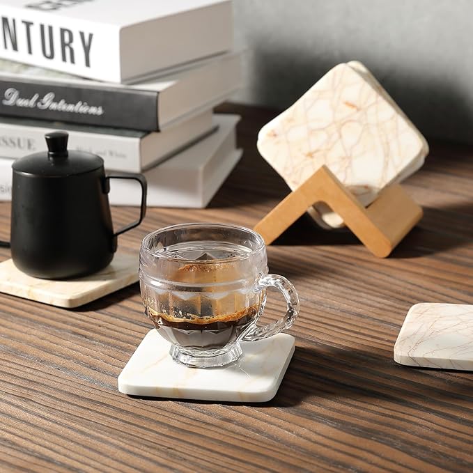 Koville Marble Coasters Set of 5, Square Coasters with Holder for Drinks, 4" Cup Coaster for Coffee Table Home Office Bar Decor, Heat Resistant Decorative Drink Coaster (White&Gold)