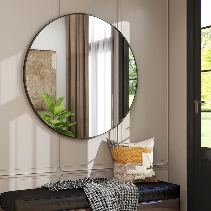 42 Inch Round Bathroom Mirror - Black Wall Mounted Circle Mirror with Metal Frame, Modern Round Hanging Mirror Suitable for Bathroom, Vanity, Entryway, Living Room